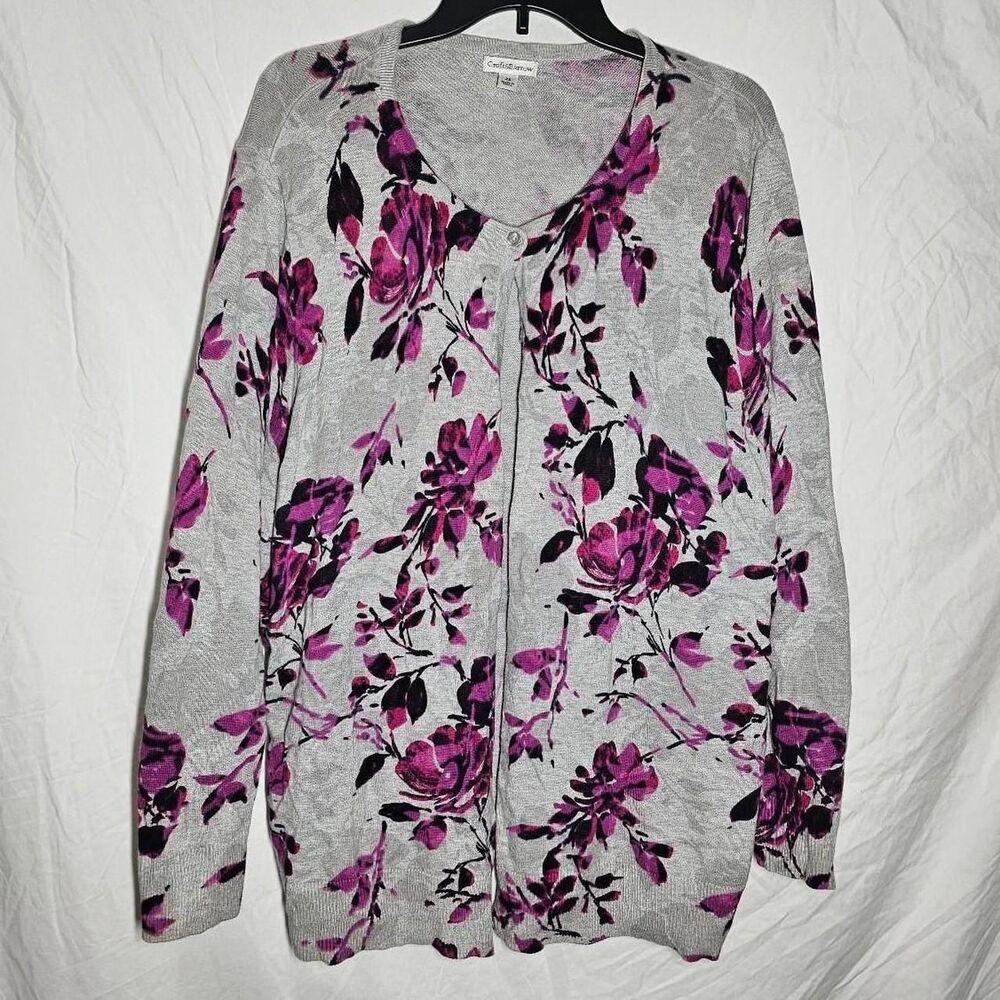 Whimsical 90s red purple grey floral plus size cardigan